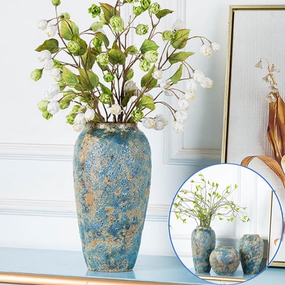 Rustic Ceramic Flower Vase, Tall 13.8in Large Vintage Blue Vases, Handmade Distressed Farmhouse Vase, Unique Pottery Clay Vases f