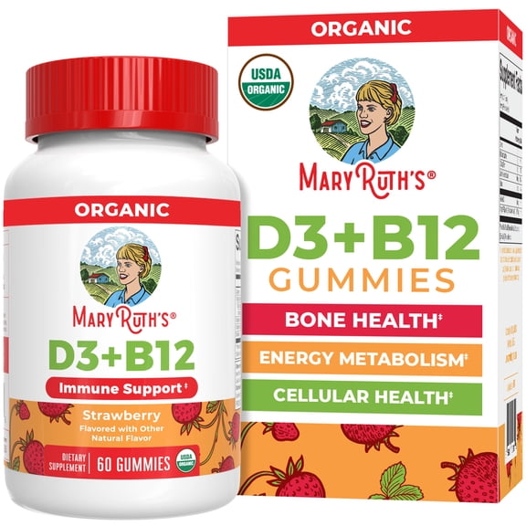 MaryRuth Organics Vitamin D3 B12 Gummies Organic Strawberry Vegan Gluten-Free Unisex Ages 2 , 60 Count