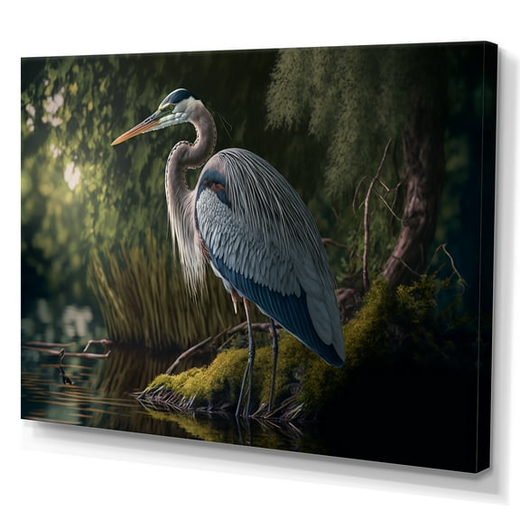 Designart Cute Heron In A Lake Floral Art II Canvas Wall Art