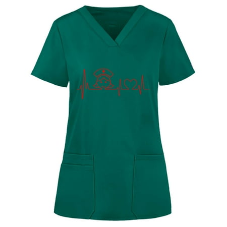 

Women Scrubs Top Love Heart Printed Short Sleeve V Neck Solid Color With Pocket Spring Summer Daily Nursing Uniforms Nursing Care Working Uniforms