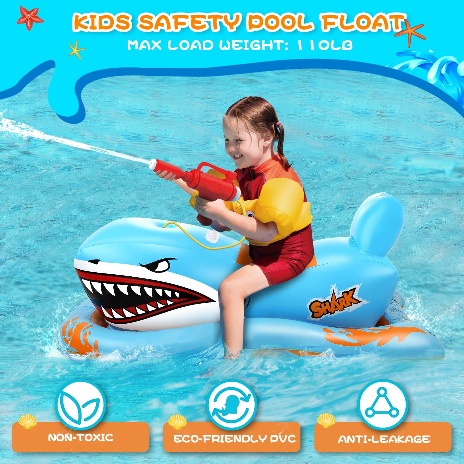 Pool Floats for Kids, Inflatables Shark Ride-on Water Toys with Watergun Swimming Game Boy Girl 3-12