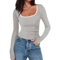 thumbnail image 2 of Women'S Long Sleeve Basic Tops Square Neck Ribbed Knit Color Block Shirts Fitted Light Gray XXL, 2 of 9