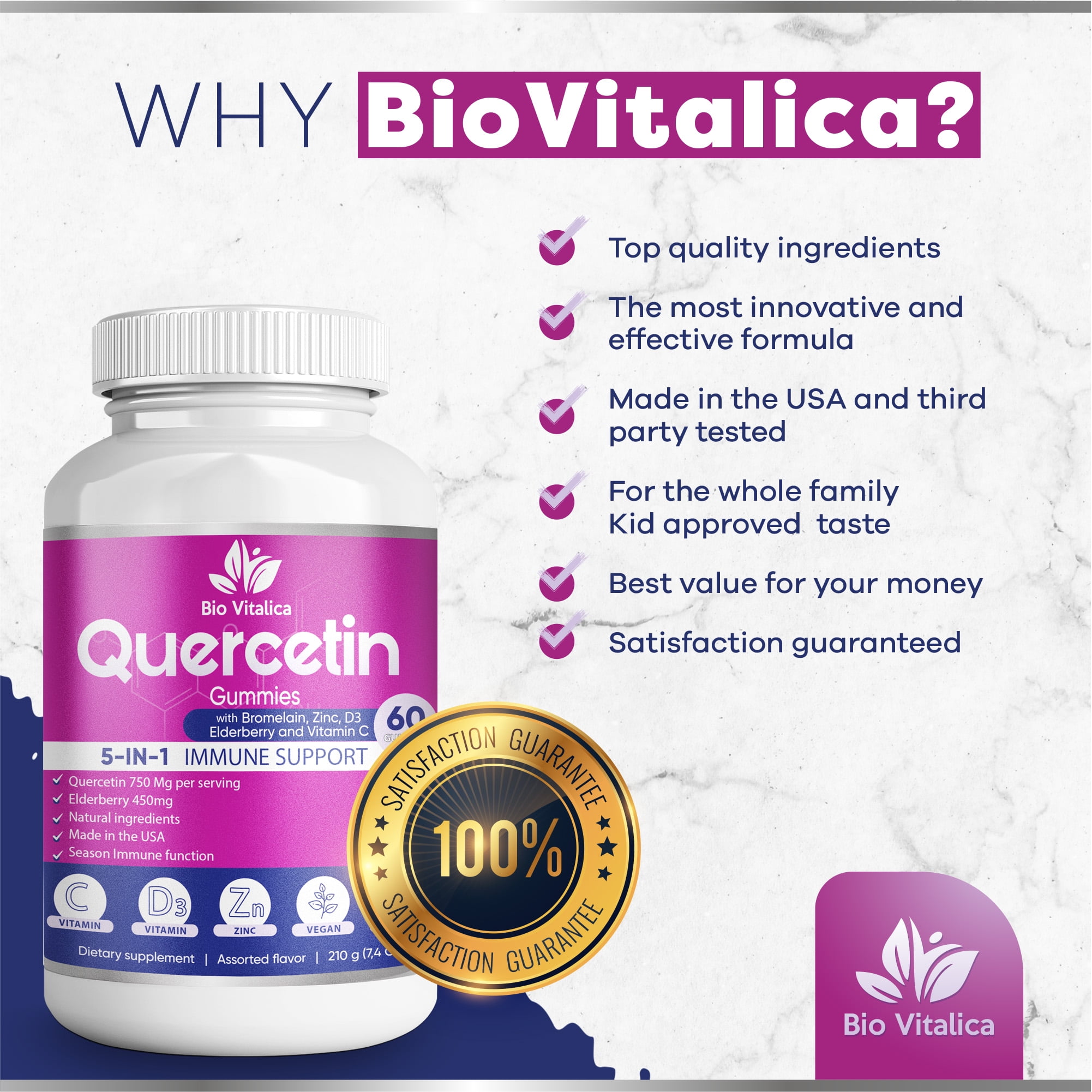 Quercetin Gummies with Zinc, Vitamin C, D3, Elderberry & Bromelain – 750mg Immune Support Supplement – Vegan Zinc Quercetin Gummies for Adults & Kids – 60 Capsules by BioVitalica