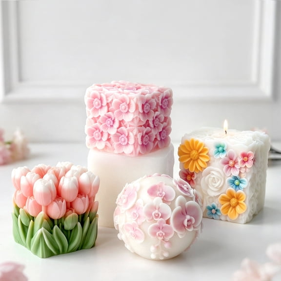 JDH Silicone 3D Squared Flower Embossed Candle Mold, 2 Pcs Silicone Mould for Scented Candles, Soap, Epoxy Resin Casting, Home Decor