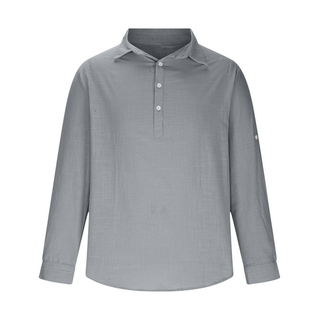 pstuiky Camisas de invierno de manga larga para hombre, Camisa de hombre con botones de un tercio, de playa, de manga larga, de color liso, con solapa, informal, para uso diario. xl