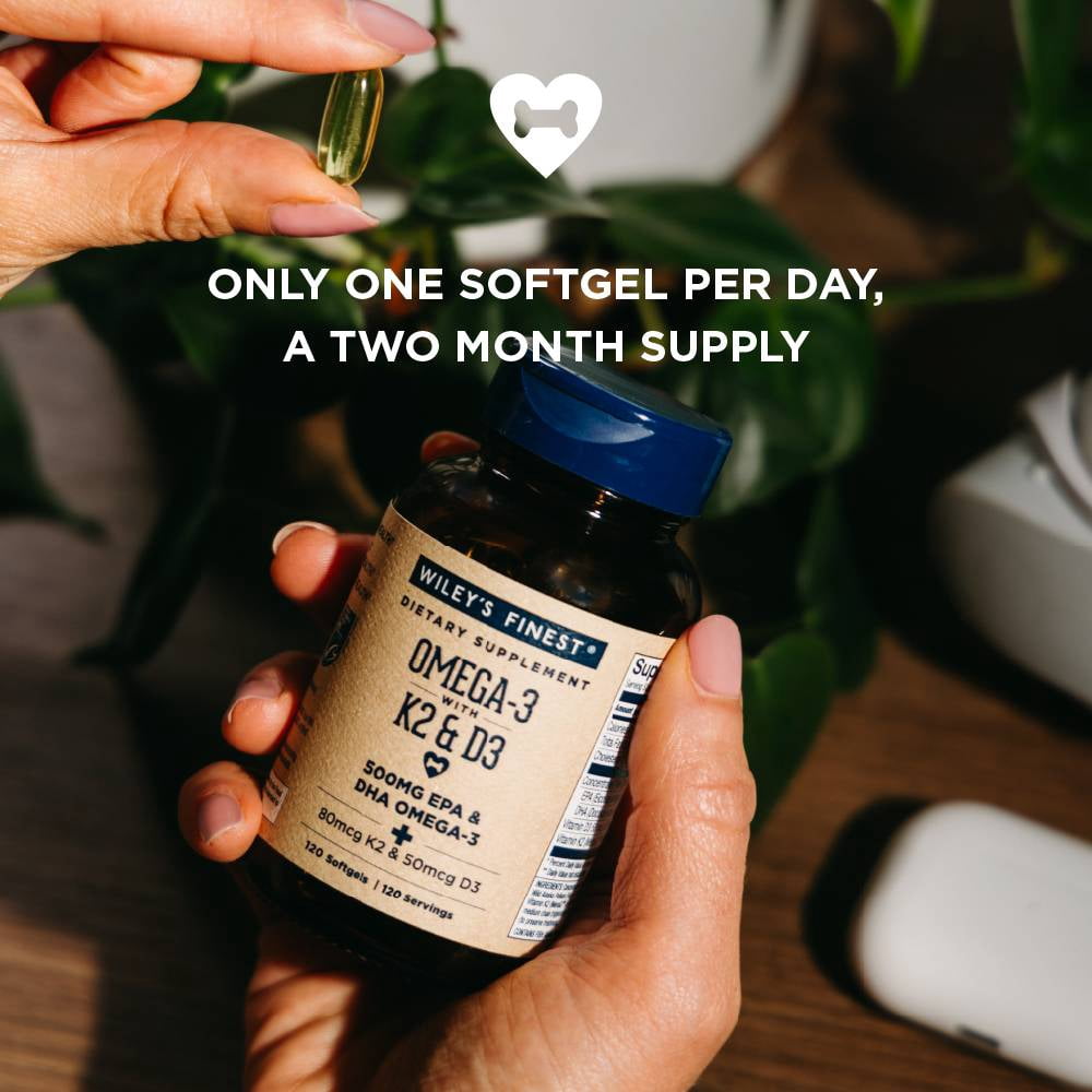 Wiley’s Finest Wild Alaskan Fish Oil Vitamin K2 & D3 Softgels - 500mg of EPA and DHA Omega-3s for Bone and Heart Health Support - 120 Softgels (120 Servings)