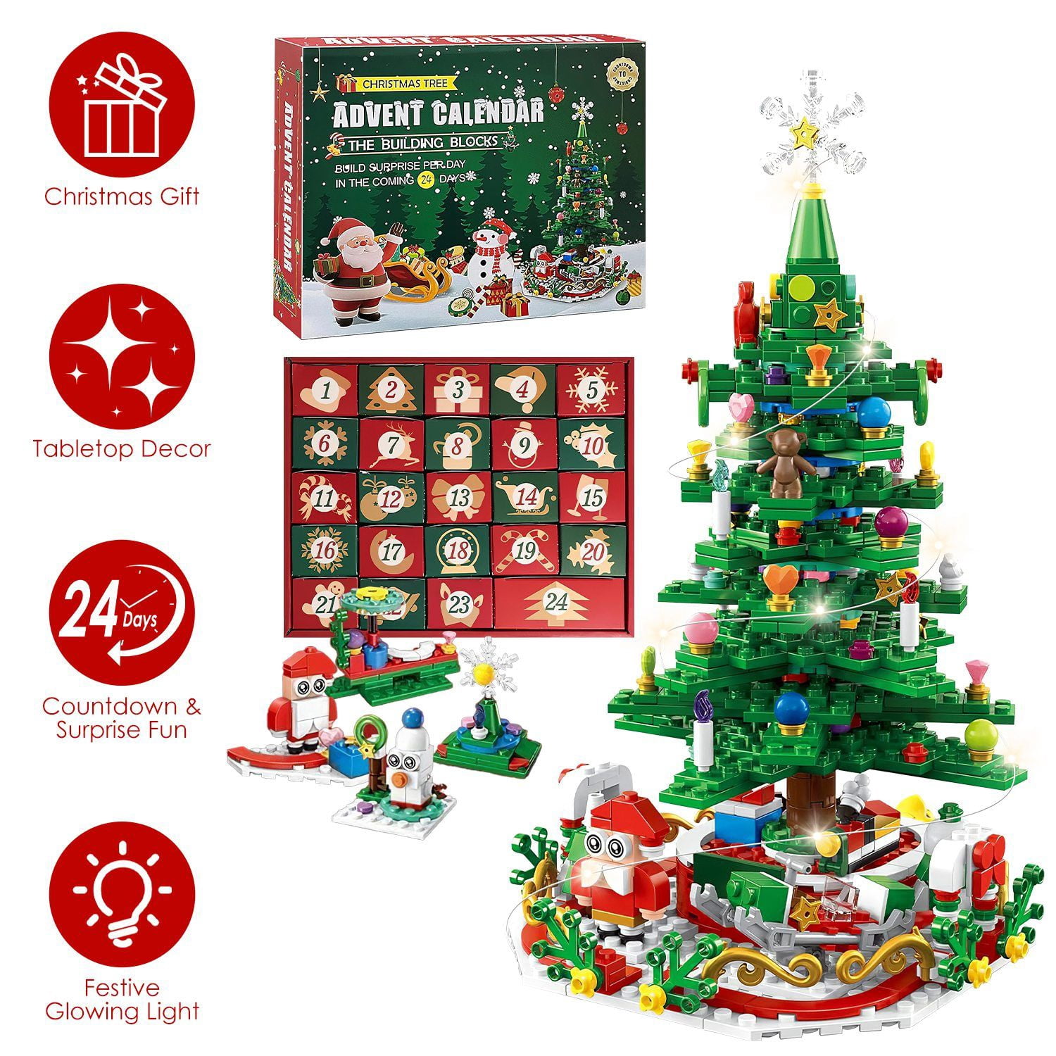 Christmas Tree Building Set, 701 Plastic Pieces, 24-Day Countdown Calendar, 30 USB LED Warm Lights, Santa, Ornaments, Snowflake Topper, Educational Toy for Kids 3-6, Festive Tabletop Decor