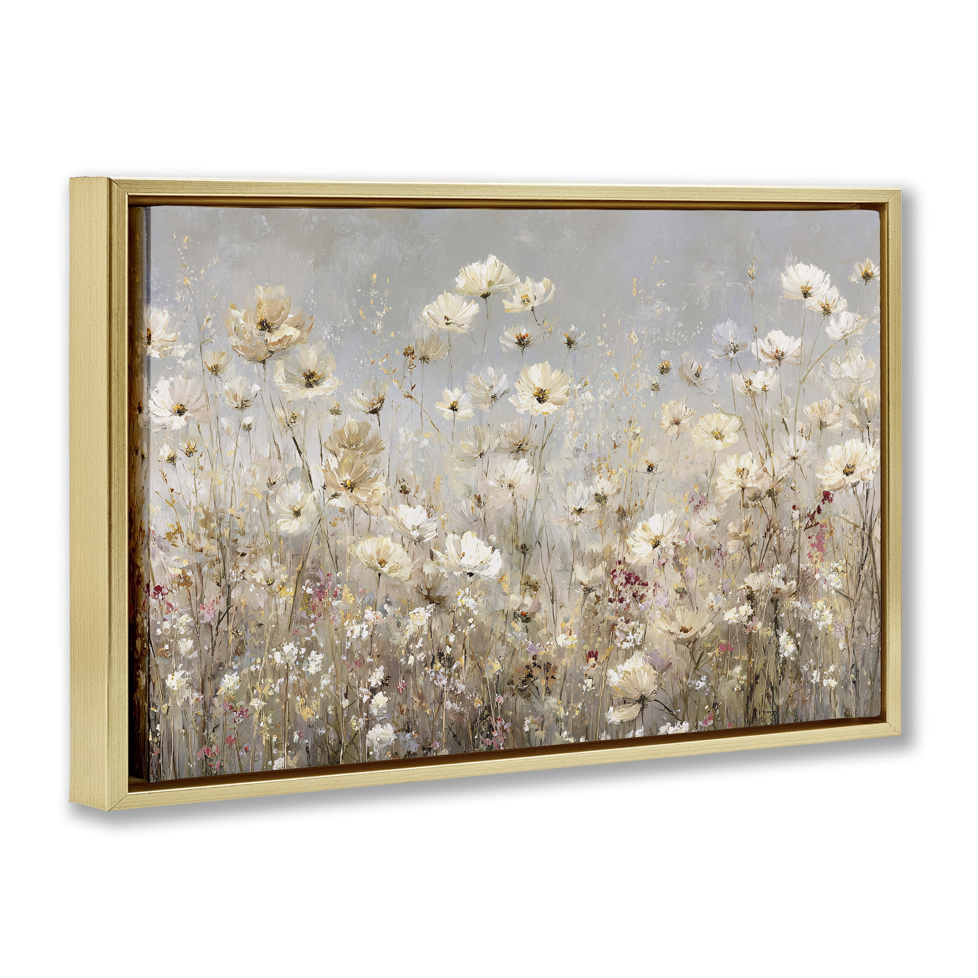 Stupell Industries White Daisy Clusters Meadow Gold Framed Floater Canvas Wall Art, design by Jacky Ngan