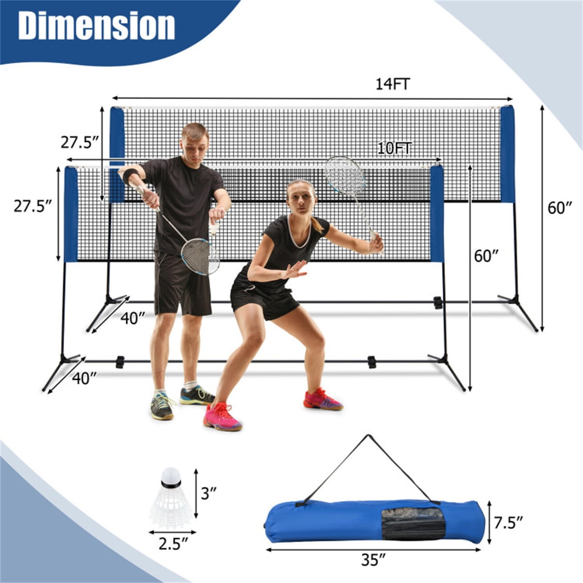 14ft Multi-Sport Net Set - Adjustable Height 33.5"-61" for Badminton Volleyball Pickleball  Tennis - Versatile Indoor Outdoor Game Net for Family  Friends
