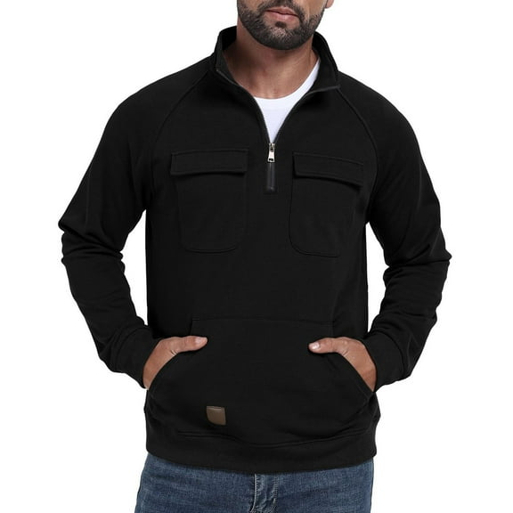 yzhmyr Mens Multi Pocket Half Zipper Pullover Long Sleeve Quarter Zip Stand Collar Sweatshirt Fall Winter Sweaters Zipper Pockets