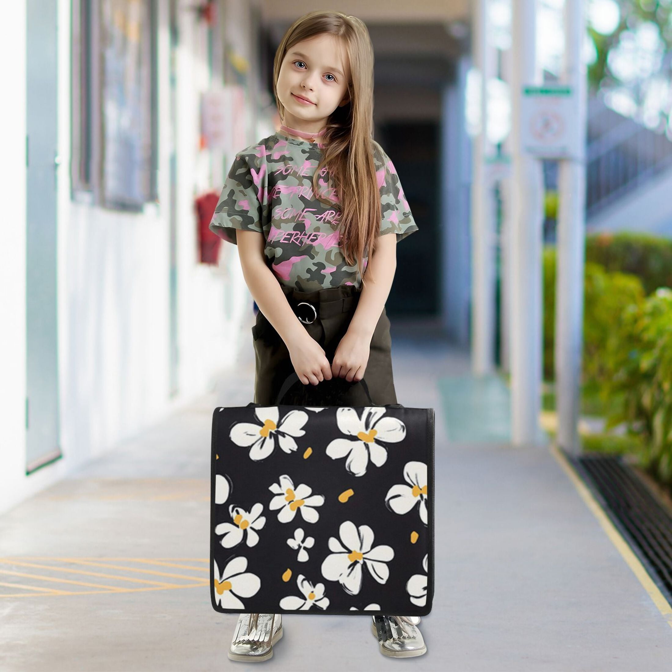 Zipper Binder Black Background White Flower 1.5 Inch Binder Folder Bag with Shoulder Strap and Handle