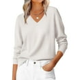 thumbnail image 2 of Women's Casual V-Neck Sweater Base Layer Knitted Long Sleeve Solid Color Top for Fall Winter Versatile Basics,White,XL, 2 of 7