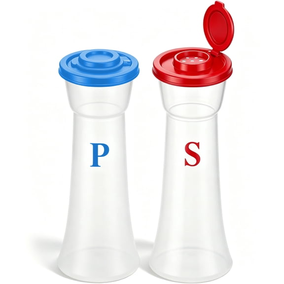 Set of 2 Clear Salt and Pepper Shakers, Plastic Spice Jars with Colorful Lids, Leakproof Moisture-Proof for Home Kitchen Restaurant, Camping, Travel, Picnic (Blue Red)