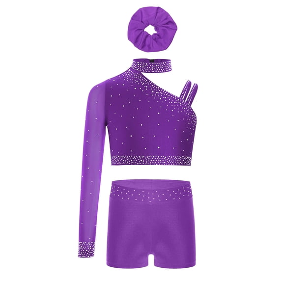 inlzdz Girls Ballet Jazz Hip Hop Modern Dance Outfits One Shoulder Crop Tops with Shorts Hairband Set Purple 12