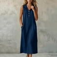 thumbnail image 5 of ClodeEU Women's V Neck Sleeveless Linen Blend Hooded Midi Dress,Casual Loose Fit Dress with Pockets Navy,Women's Plus XXL, 5 of 7