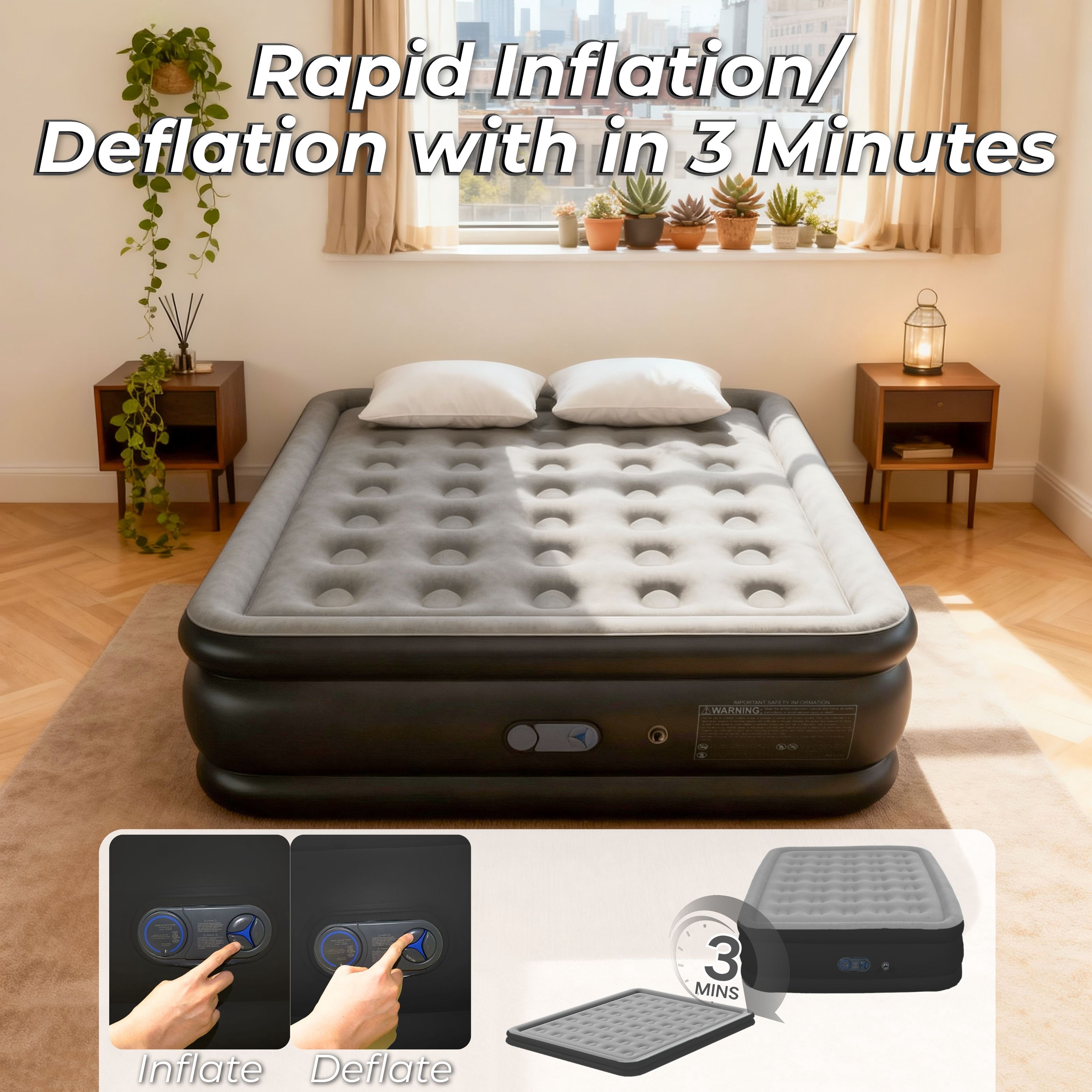 LussoAmor 18" Queen Air Mattress with Built-in Pump, 3-Mins Self-Inflation, Blow Up Bed for Camping, Home & Guest, 650lb, Gray
