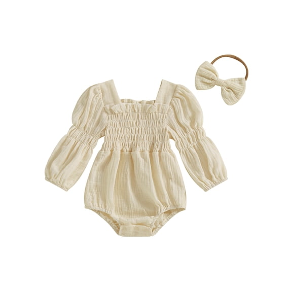 Miaouyo Infant Baby Girls Spring Fall Romper 0 3 6 12 18 Months Long Sleeve Square Neck Solid Color Romper with Headband