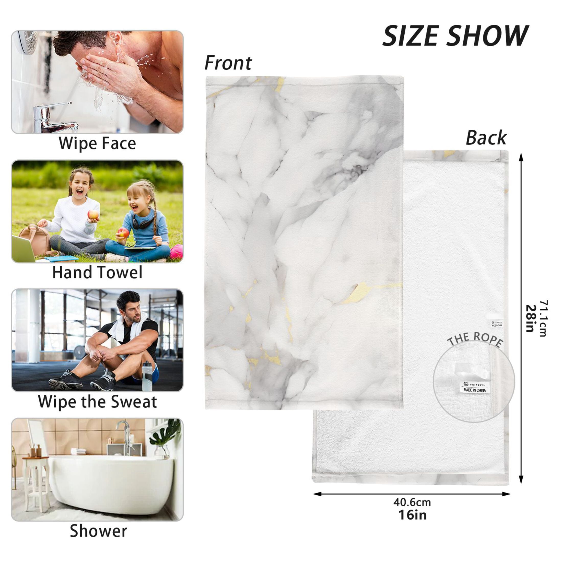 2 Pcs Hand Towel Set Grey White Marble Cotton Absorbent Soft Face Towels Bath Towels for Bathroom Kitchen Shower Hotel Decor 16"x28"