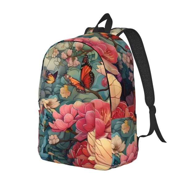 Disketp Butterflies In Blooming Garden print Canvas Backpack Lightweight Travel Daypack Student Rucksack Laptop Backpack-Small