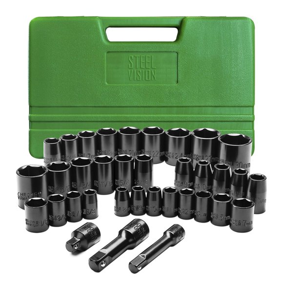 Juego de enchufes Steel Vision de 35 piezas con accionamiento de 3/8 y 1/2 SAE y métrico