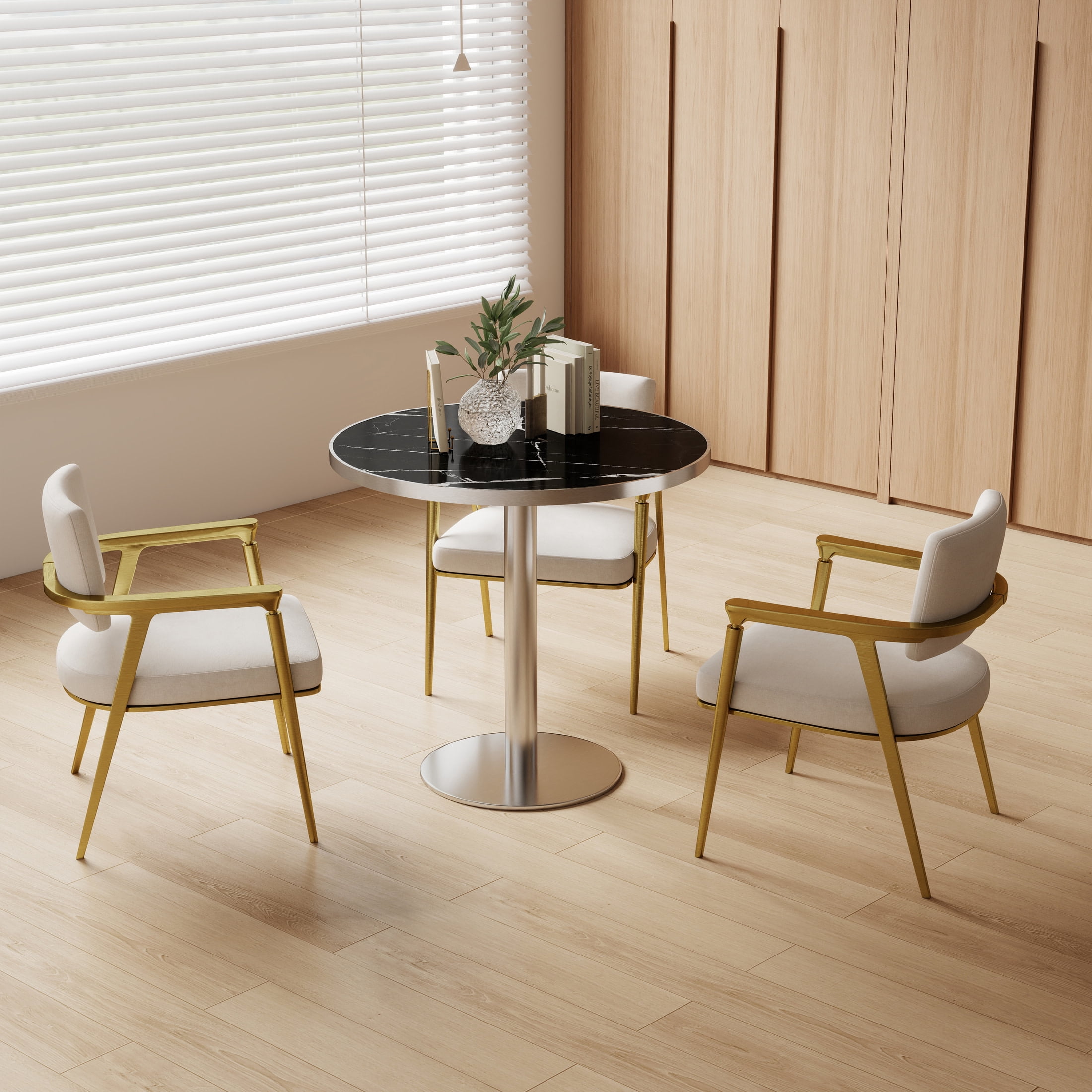 Noble House 31.5" Round Dining Table with Faux Marble Top, Luxury Bistro Table with Stainless Steel Legs, Black & Silver