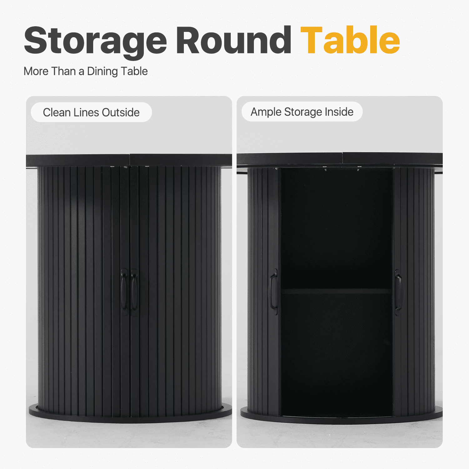 Sonegra 47“ Round Dining Table with Storage, Modern Fluted Circle Kitchen Table with 2-Layer Storage and Sliding Door, for Kitchen Living Room, Black