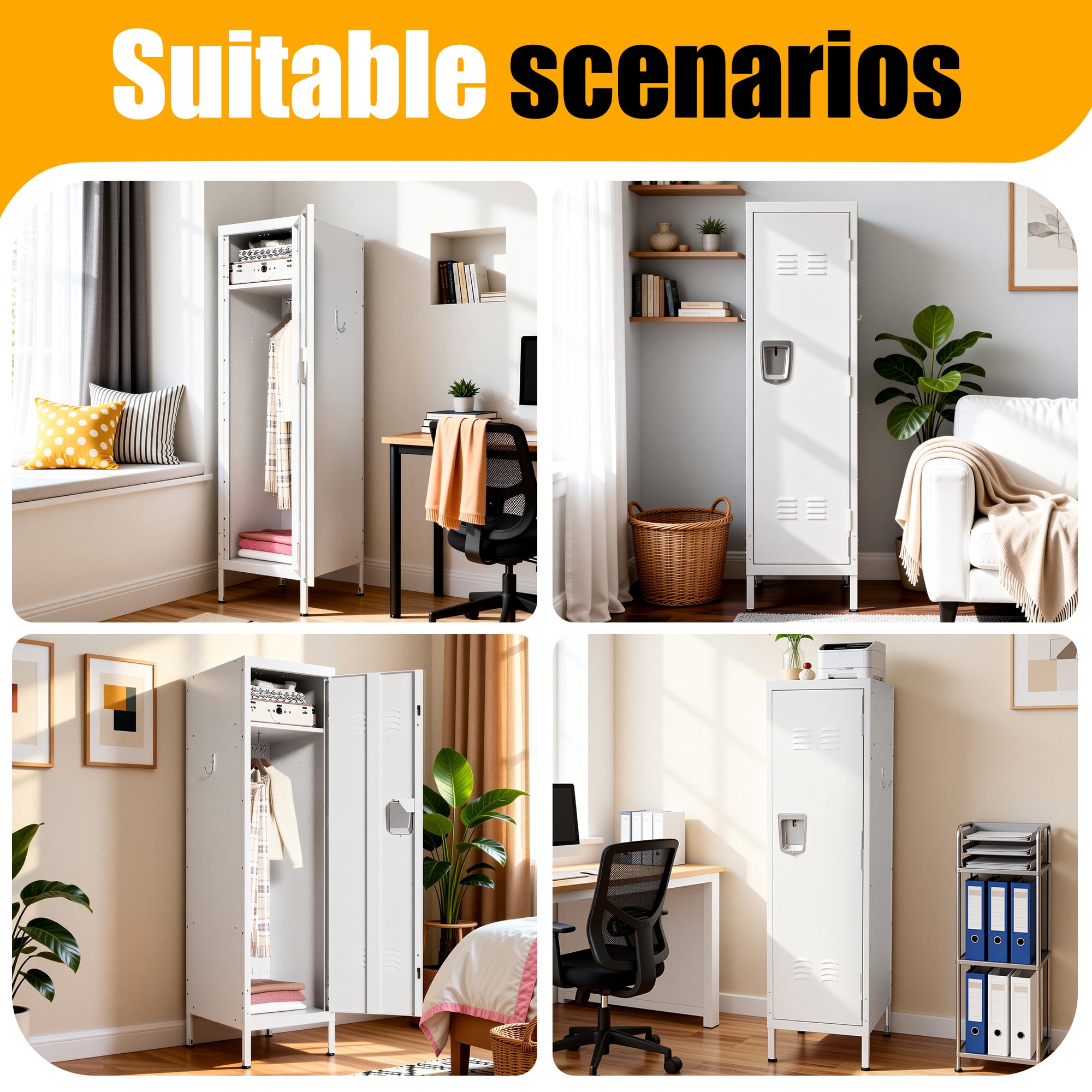 HOQBN 55" Tall Metal Wardrobe Cabinet,Waterproof Steel Clothing Storage Locker with Ventilated Door,Lock & Side Hooks,Vertical Bedroom Wardrobe for Small Apartment Home Office,White
