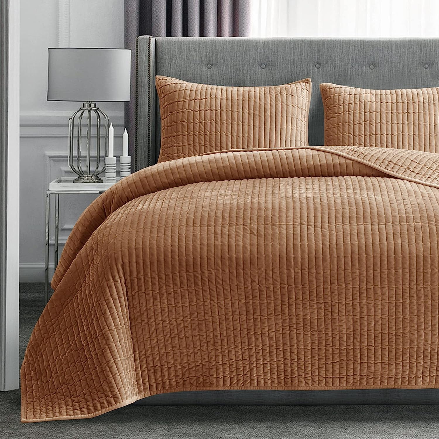 XY Velvet Quilt Queen Size,Striped Bedding Set,Lightweight Velvet