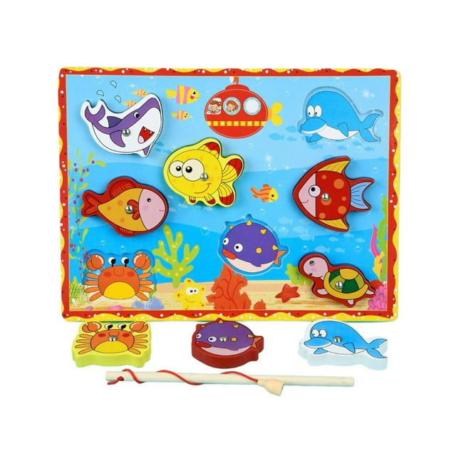 Wooden 4-in-1 Fishing Game Stacking Blocks Lacing Beads Pattern Shape Matching