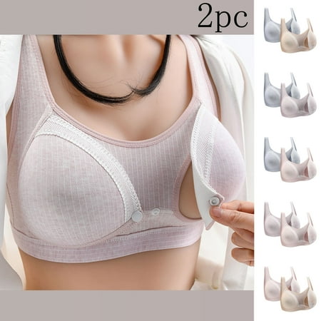 CFLVAEK 2PC Nursing Bras for Women Button Open Front Maternity Bra Ultra Comfortable Wireless Pregnancy Full Coverage Cotton Bralette Beige M