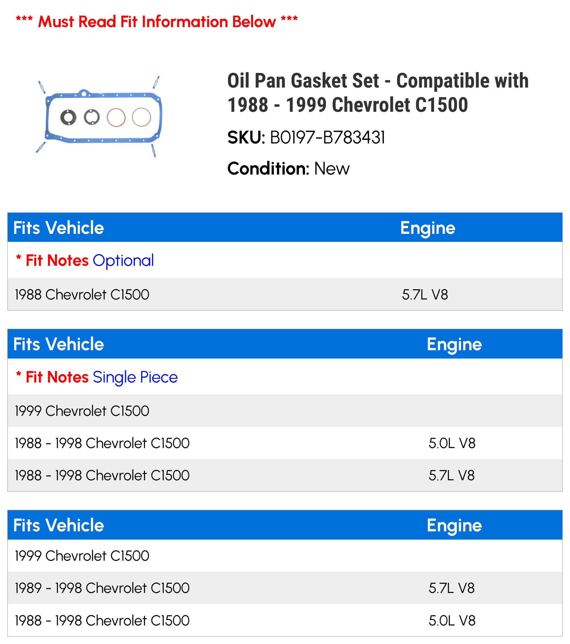Oil Pan Gasket Set - Compatible with 1988 - 1999 Chevy C1500 1989 1990 1991 1992 1993 1994 1995 1996 1997 1998