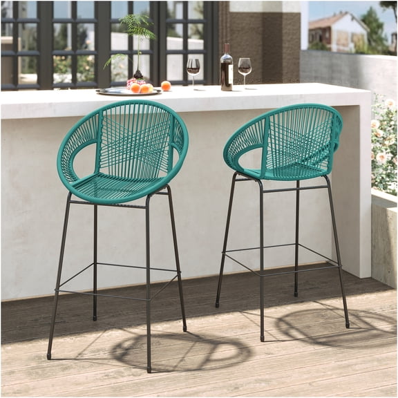 JERFIT 2-Pack Teal Outdoor Bar Stools, PE Wicker & Iron Bar Height Counter Stools with Back, UV Resistant Patio Bistro Chairs for Kitchen Island, Garden, Balcony