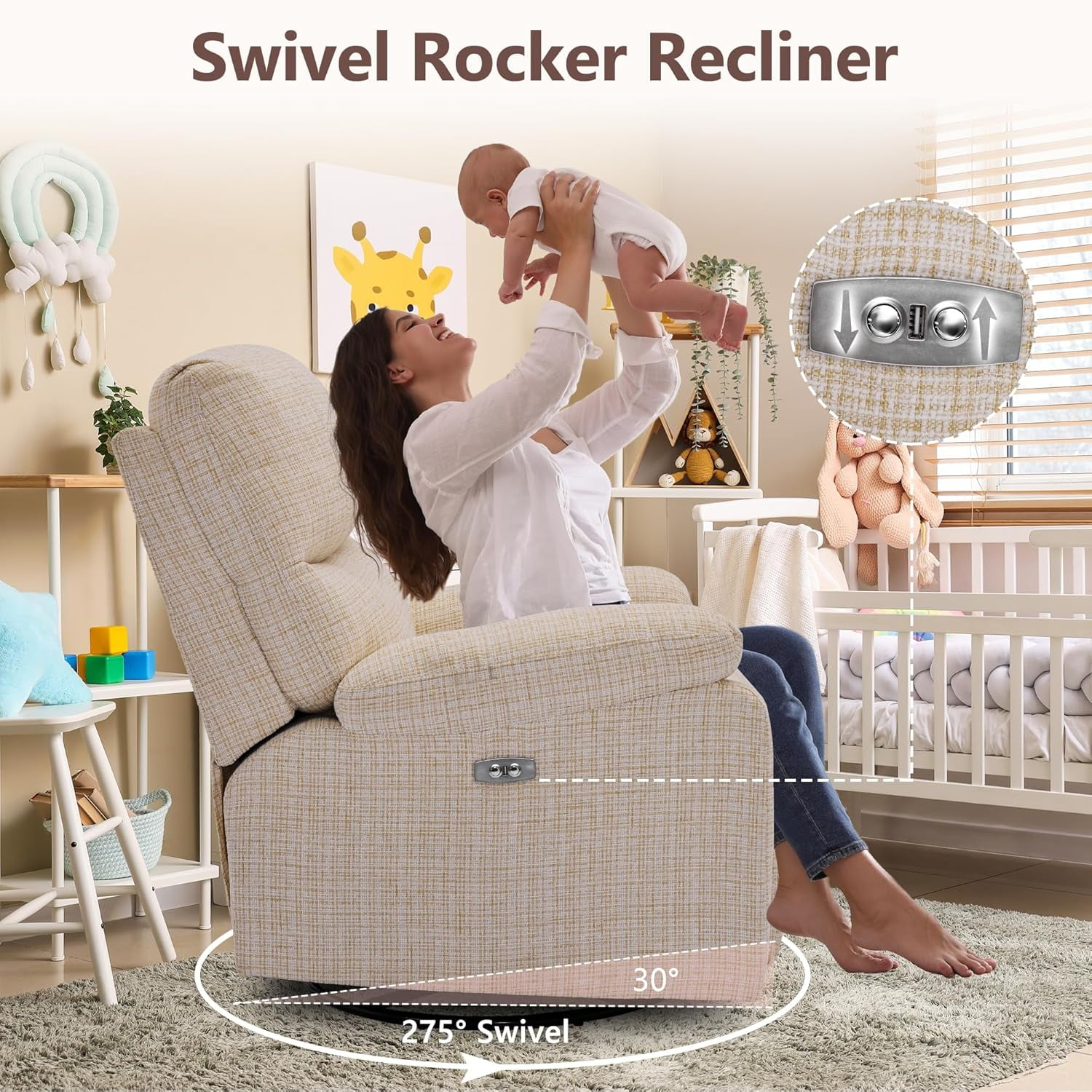 Chizzysit Power Swivel Rocker Recliner, Rocking Chair Nursery Glider, Electric Reclining Chair for Adults with USB Port, Infinite Position, Single Sofa Chair for Living Room - Beige