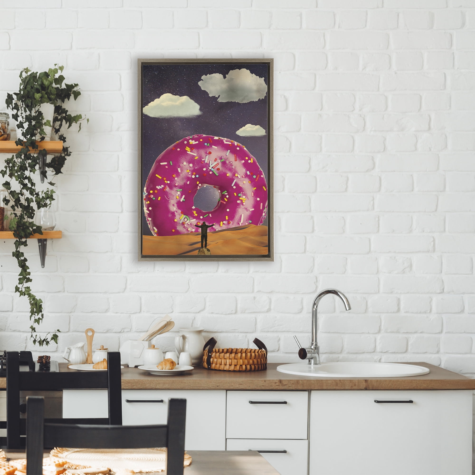 Happy Days Giant Donut Brown Framed Floater Canvas Wall Art, design by Elo Marc