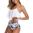 thumbnail image 3 of Women High Waisted Bikini Ruffle Swimsuit Flounce Pom Pom Trim Two Piece Bathing Suit White With Leaves (XL, 3 of 6
