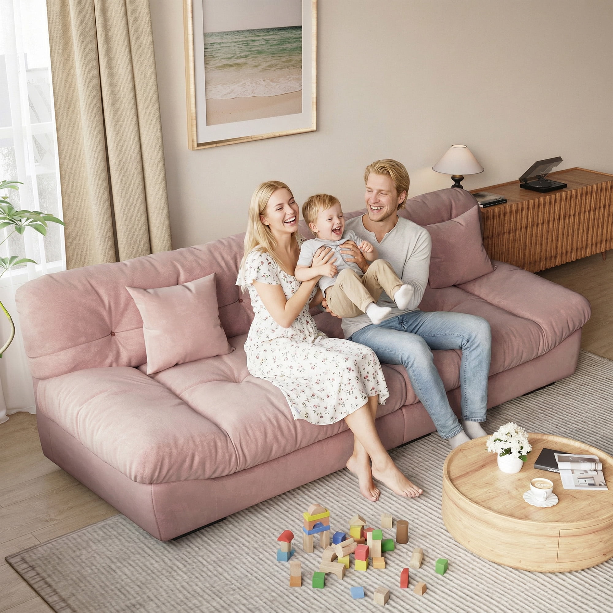 Magic Home 105" Cloud Sofa,Modern Velvet Couch,3-Seat Sofa for Living Room,Apartment and Small Space,Pink