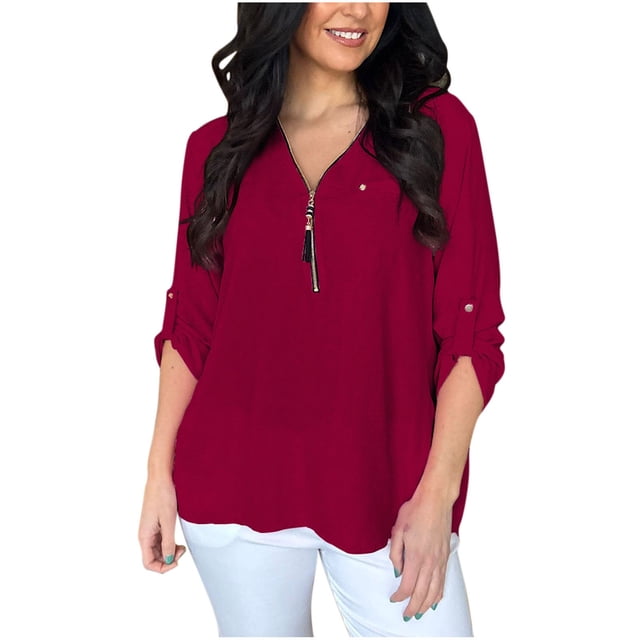 Birdeem Blouses Décontractées pour Femmes Couleur Unie Mode Ample Col en V Fermeture Éclair Manches Longues