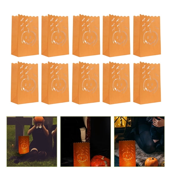 OHOIOLLA 10 Pcs Orange Pumpkin Bags, Candle Light Paper Lanterns for Party Indoor Outdoor Home Yard Decoration