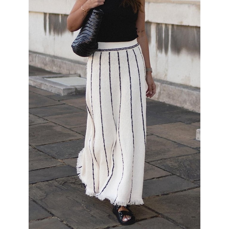 Women Long Skirt Grunge Striped Elastic Waist Knit Skirt 