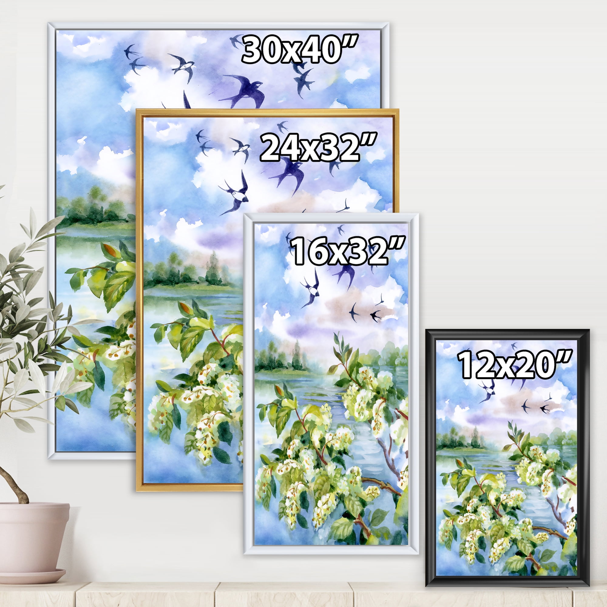 Designart 'Flowers of The Cherry Blossoms On A Spring Day Landscape' Traditional Framed Canvas Wall Art Print