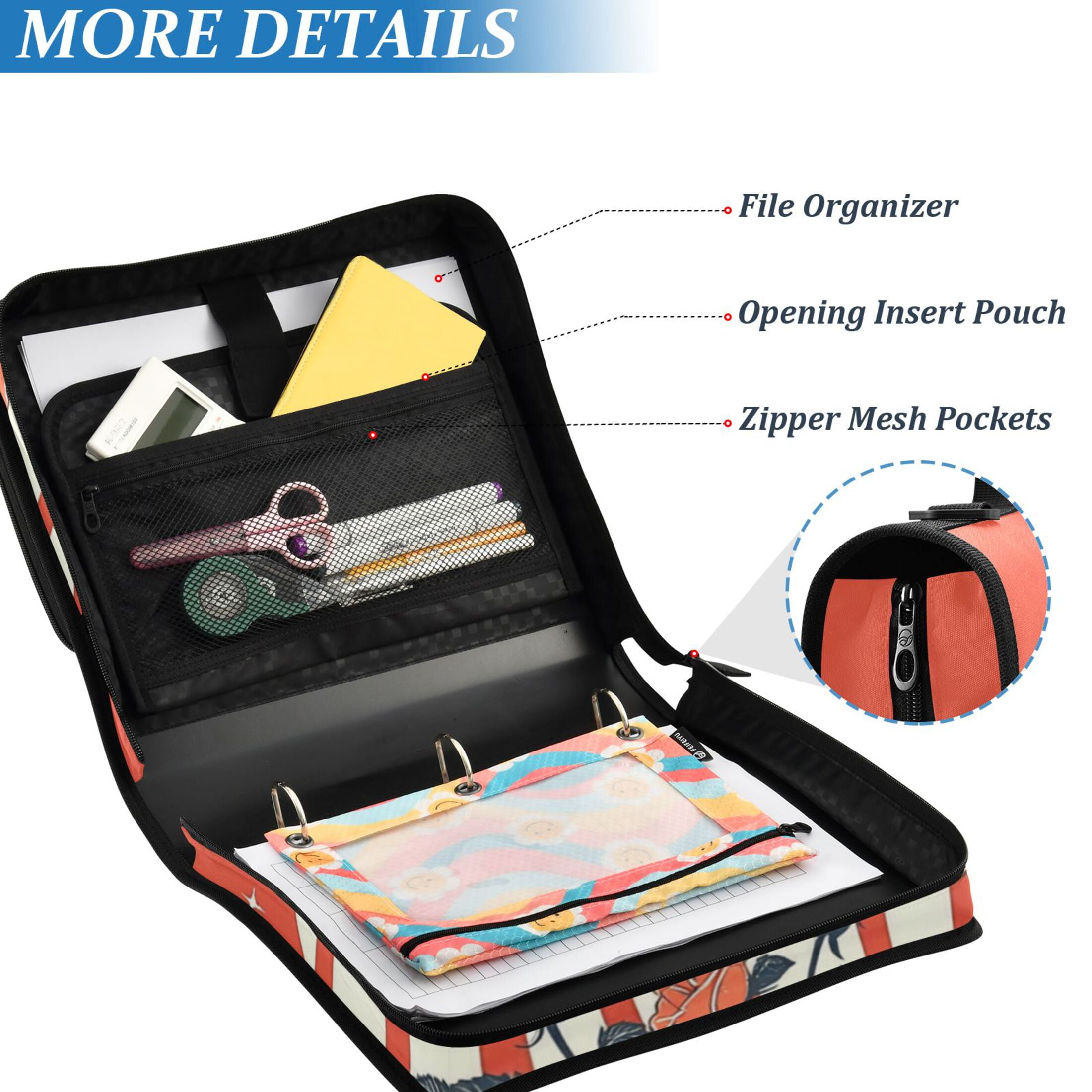 3 Ring Zipper Binder with Shoulder Strap Waterproof Trapper Keeper 2 Inch D-Ring 500 Sheets Capacity Love Heart with Roses