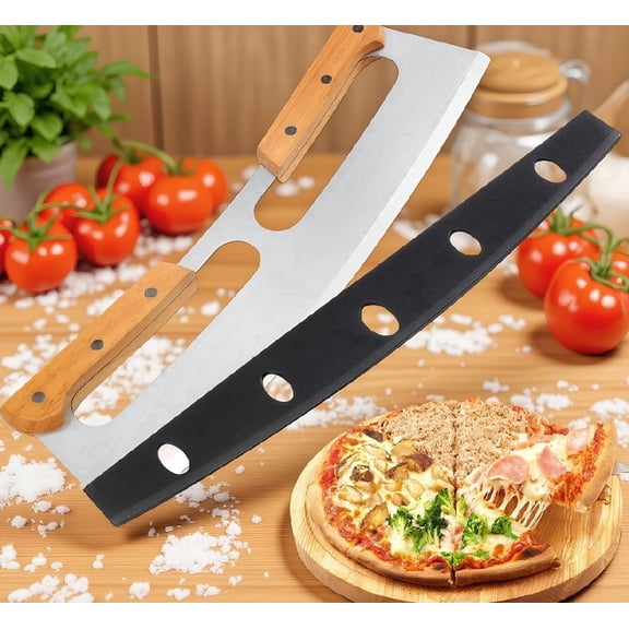 14-Inch Pizza Cutter Rocker – Stainless Steel Blade with Wooden Handles & Protective Cover, Large Pizza Slicer for Kitchen, Restaurant, or Home Use