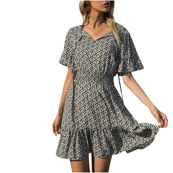 Leutsin Women's Summer Floral Print Tie Neck Short Sleeve Waist Ruffle Mini Skater Plus Size Maxi Dresses