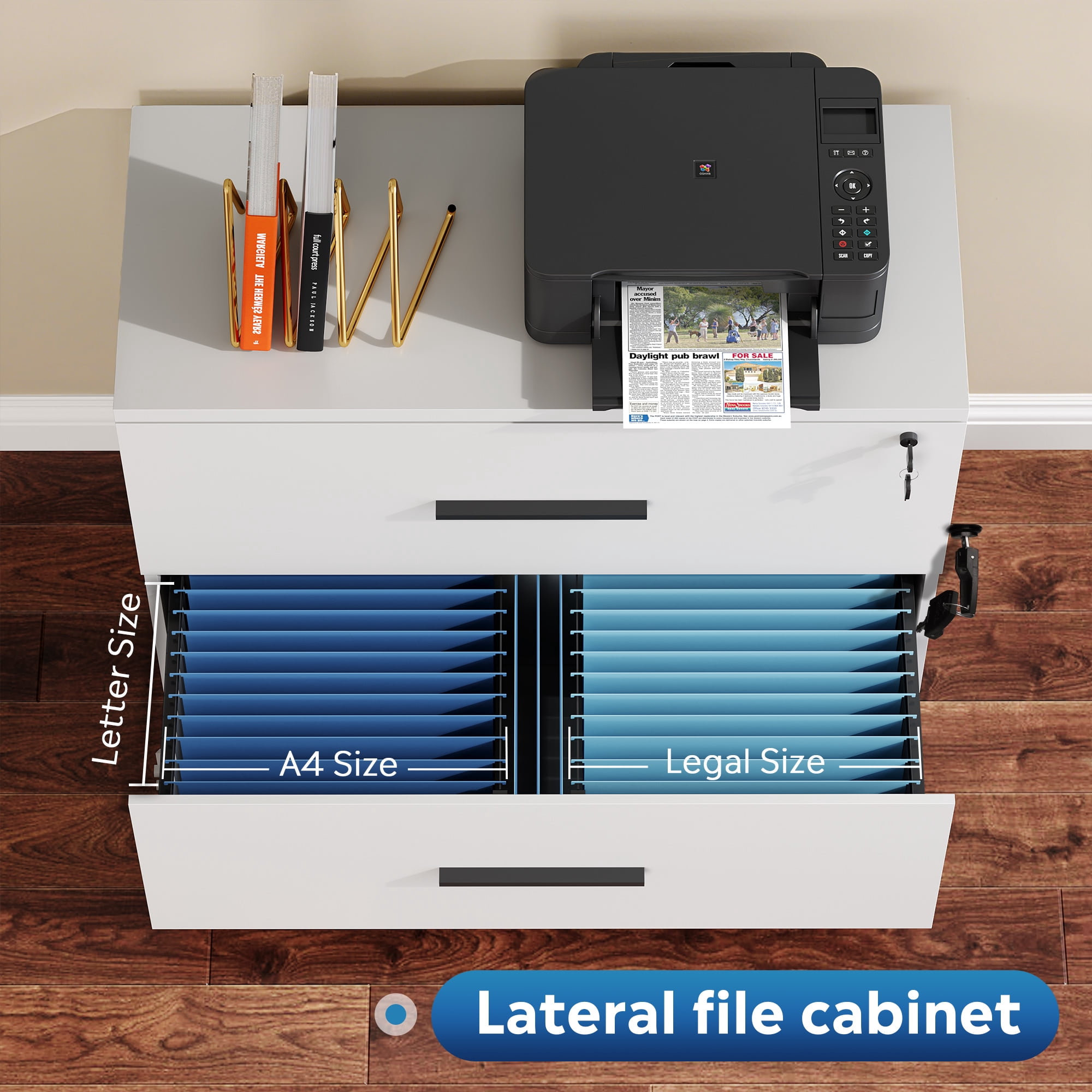 GALAXHERO 2 Drawer File Cabinets Wood Lateral Filing Cabinets with Lock for Home Office, White
