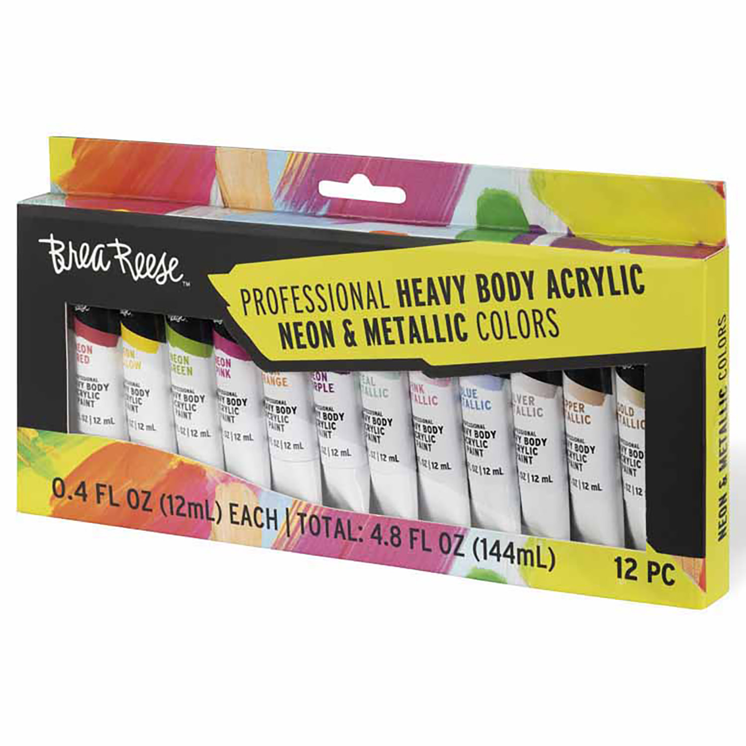 Brea Reese: Professional Heavy Body Acrylic Paint Set - Neon & Metallic Colors - 12 Tubes - Bold Pigments, Water-Based & Non-Toxic, Adult Art Supplies