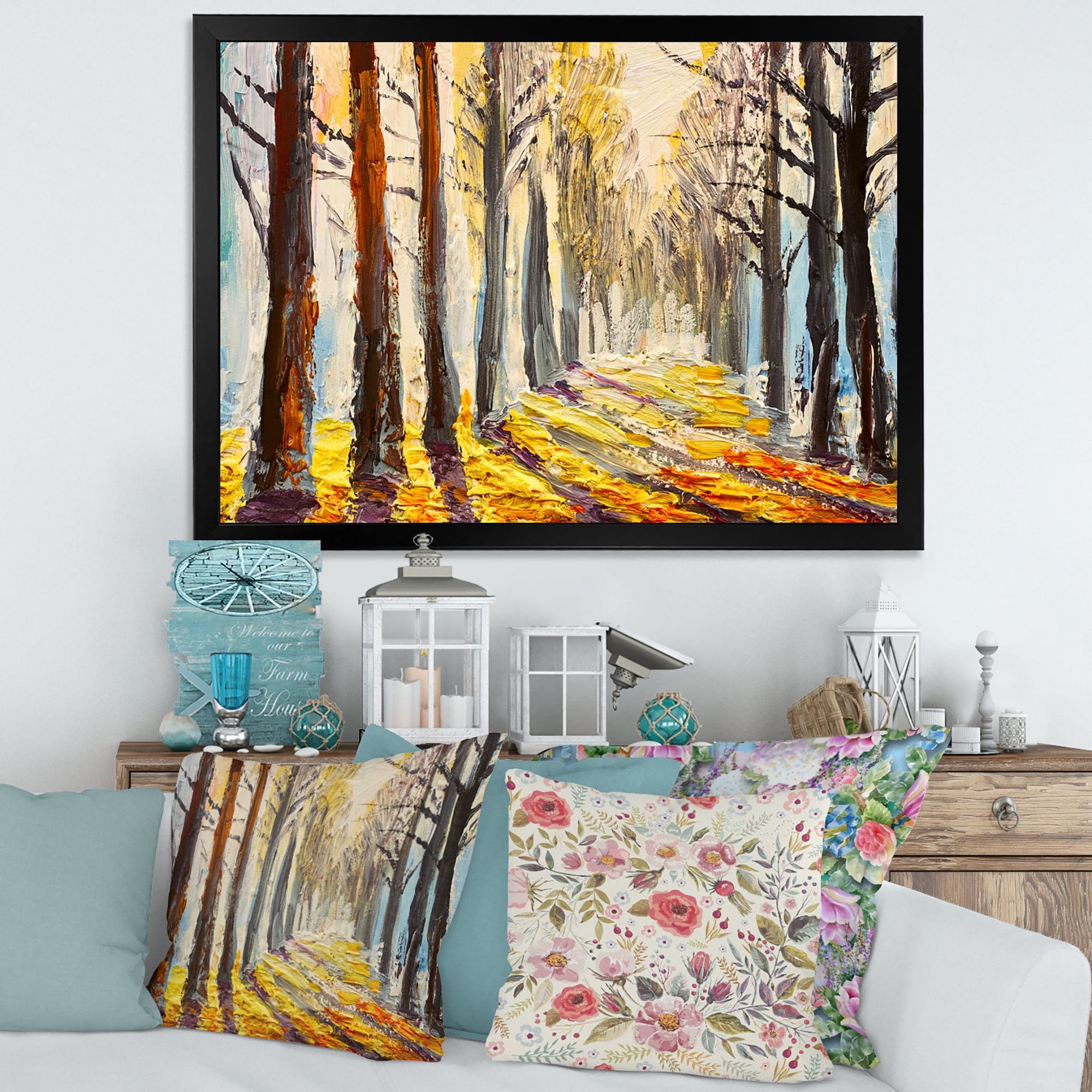Designart 'Morning Glow Through The Autumn Trees' Lake House Framed Art Print