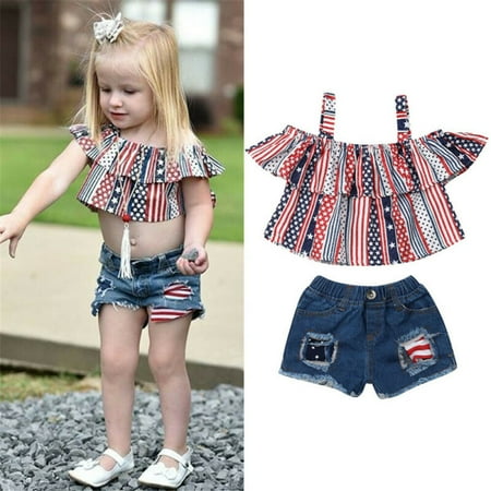 

2Pcs Summer Toddler Baby Girl Clothes Off Shoulder Ruffle Striped Cropped Tops Denim Shorts Outfits Set Children s Clothing