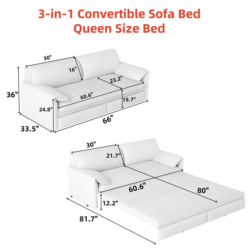 Convertible Queen Size Pull Out Sofa Bed, 3-in-1 Velvet Sleeper Sofa with Side Pocket, Modern 63.8'' Futon Couch for Living Room, Apartment