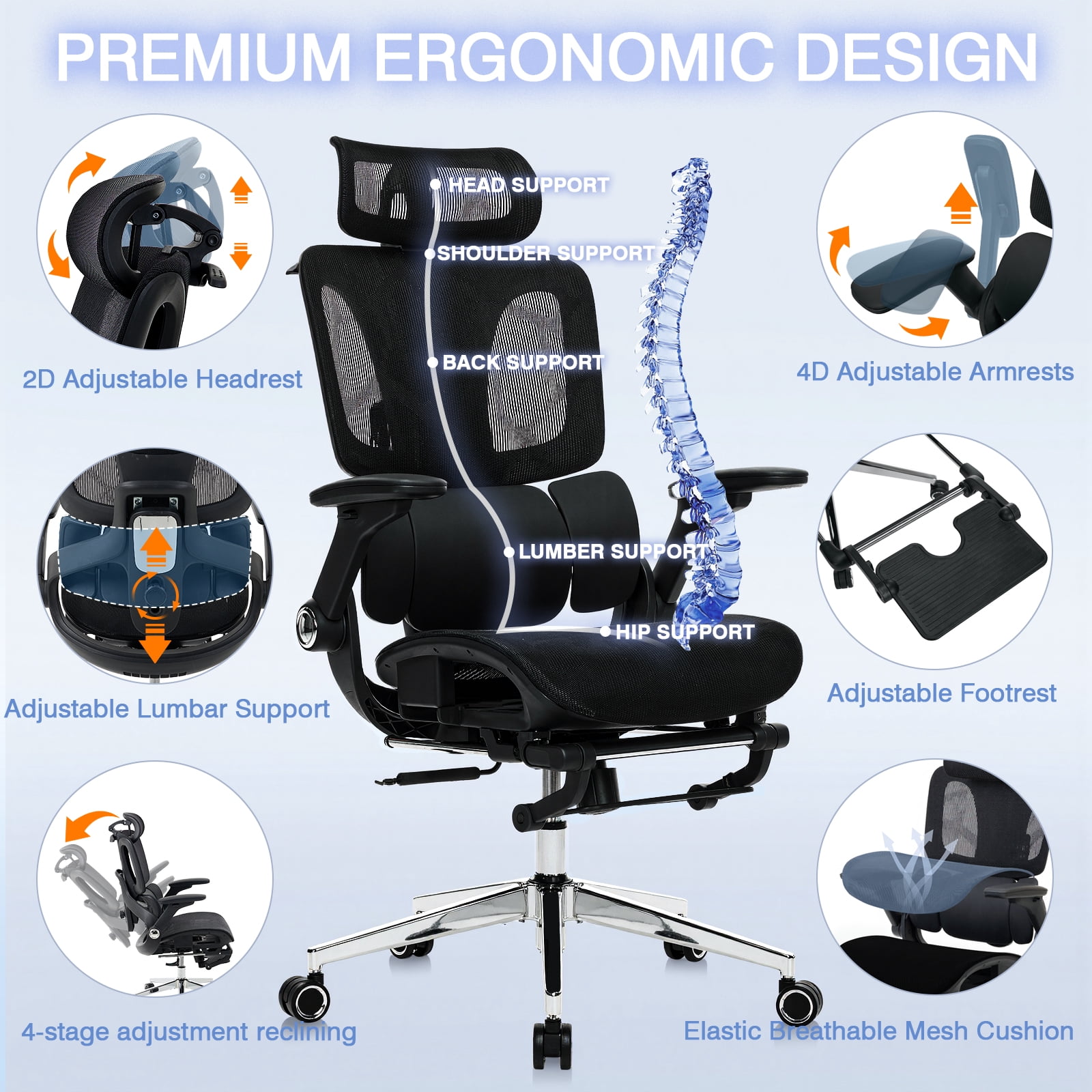 Czlolo High Back Ergonomic Mesh Office Chair with Footrest, 4D Armrests, Adjustable Lumbar Support, Black