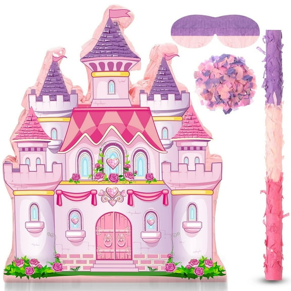 JUGAAD LIFE Princess Castle Pinata Party Supplies Pinata Bundle with Blindfold, Bat and Colorful Confetti for Girls Boys Kids Birthday Party Toys Game Decorations